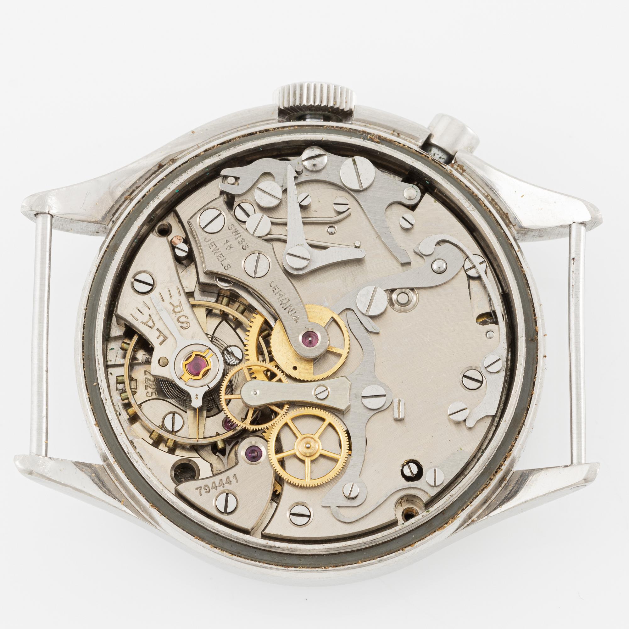 Lemania, Tg 195, "Tre kronor", kronograf, armbandsur, 40 mm.
