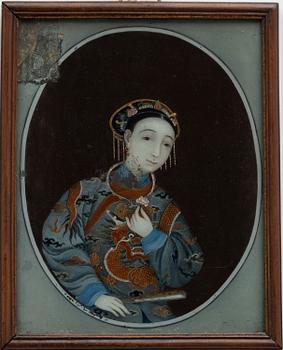 A Chinese reversed glass painting, Qing dynasty, 19th century.