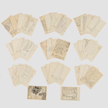 Birger Kaipiainen, samling originalskisser, 38 st, blyerts, på Rörstrands avlöningskontorets konteringskort, 1954 - 1958.