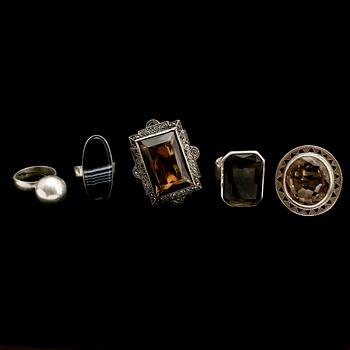 RINGAR, 5 st, silver, med olika stenar.