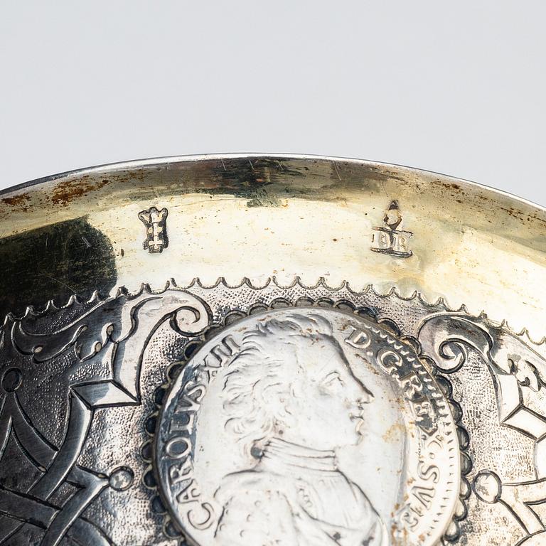 A Polish 18th century parcel-gilt silver coin beaker, mark of Benjamin Berent, Danzig (active 1713-1756).