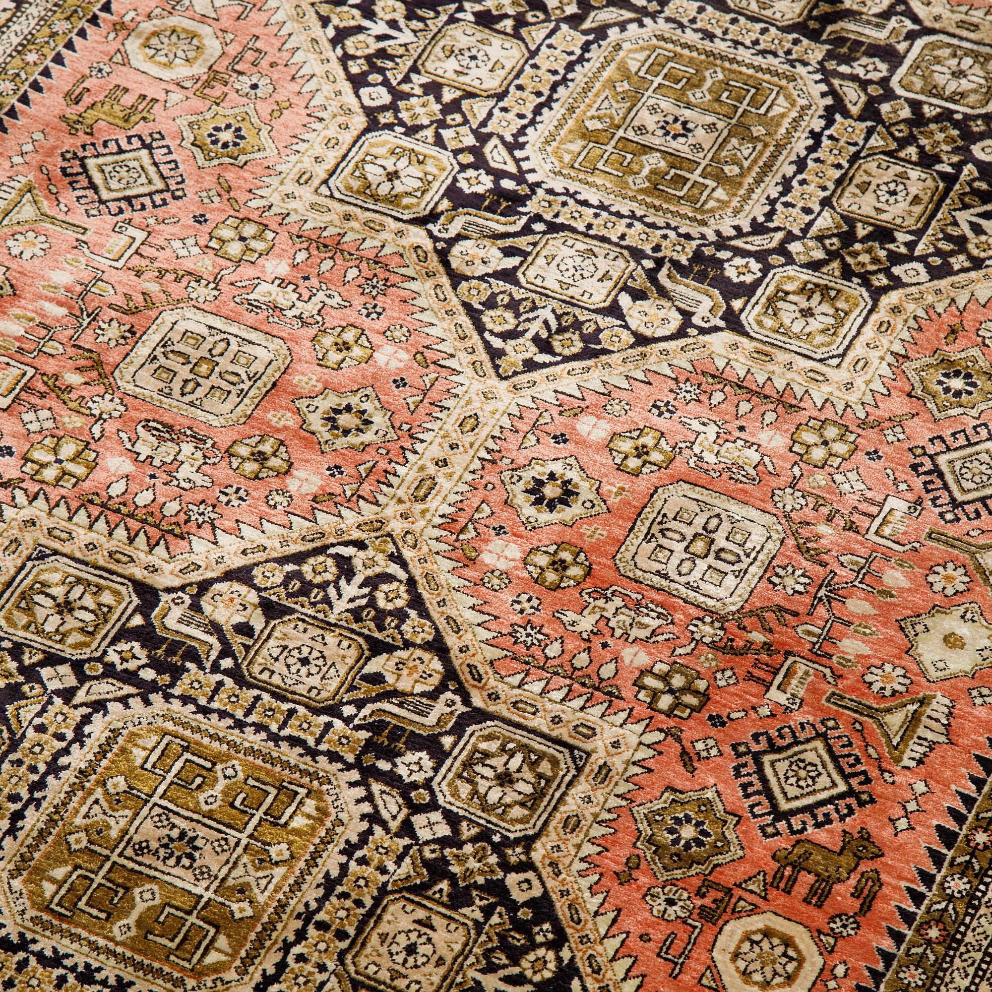A rug, an old silk Qum, ca 158 x 104,5 cm (as well as ca 2 cm flat weave at the ends).