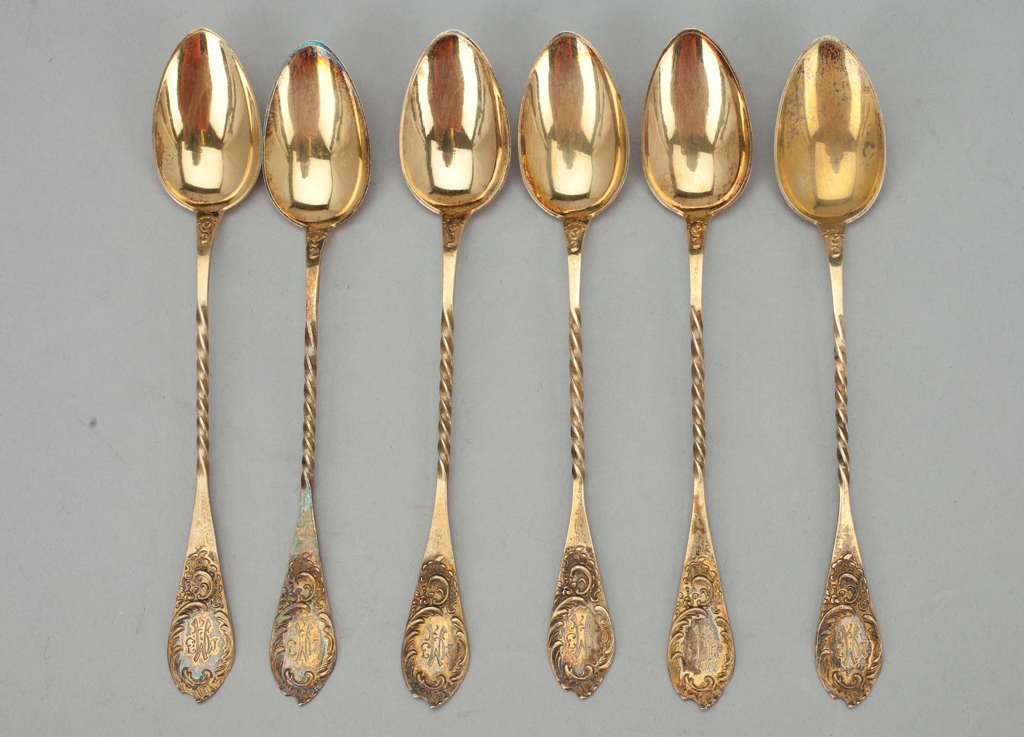 SKEDAR, 6 st, förgyllt silver 813, Kello- ja Kulta Harma Oy, Villmanstrand Finland 1937. Vikt ca 70,3 g.