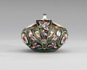 A RUSSIAN SILVER-GILT AND ENAMEL KOVSH, makers mark of the 20th Artel, Moscow 1908-1917.