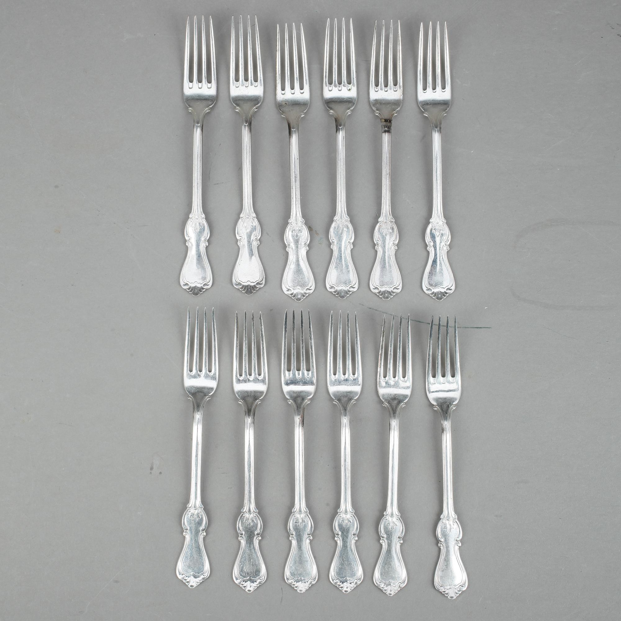 SMÖRGÅS/EFTERRÄTTSGAFFLAR, 12 st, silver, "Olga", GAB, 1950-70-tal. Tot ca 264 gram.