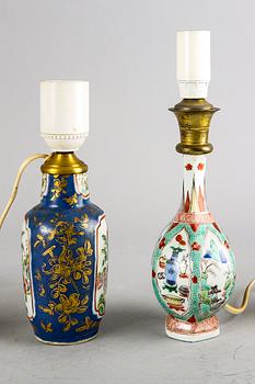 A set of two Chinese Kangxi and 18th century porcelain table lamps.