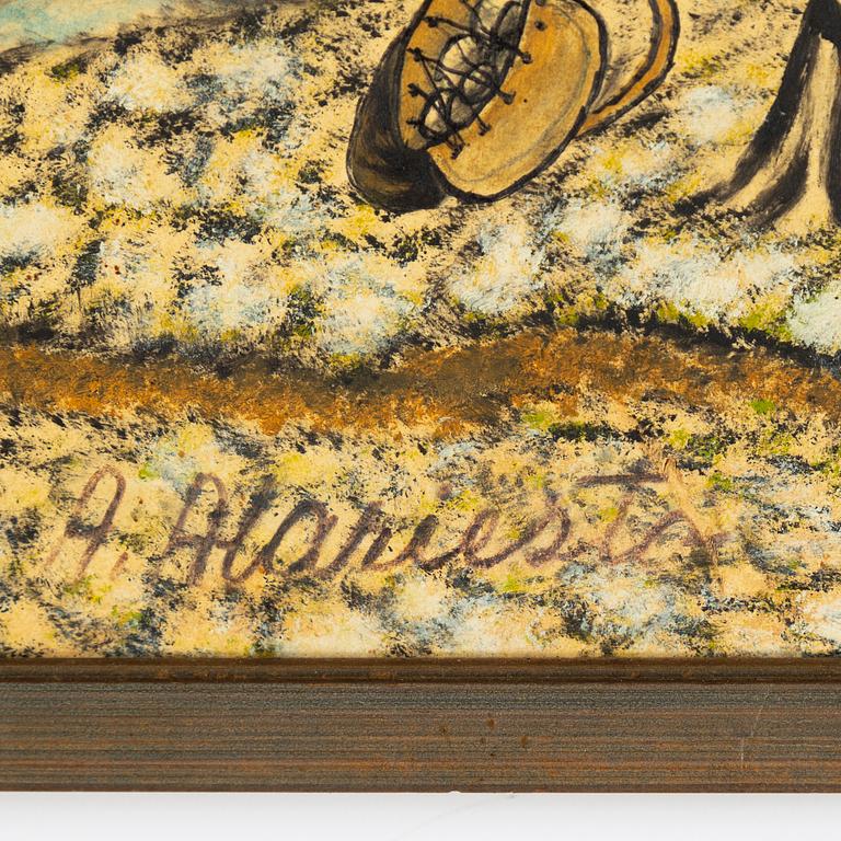 Andreas Alariesto, mixed media on panel, signed.
