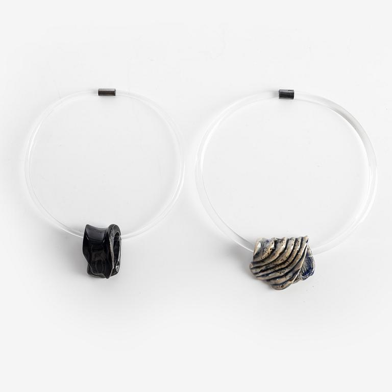 Siv Lagerström, necklaces, two pieces, acrylic plastic with ceramic.