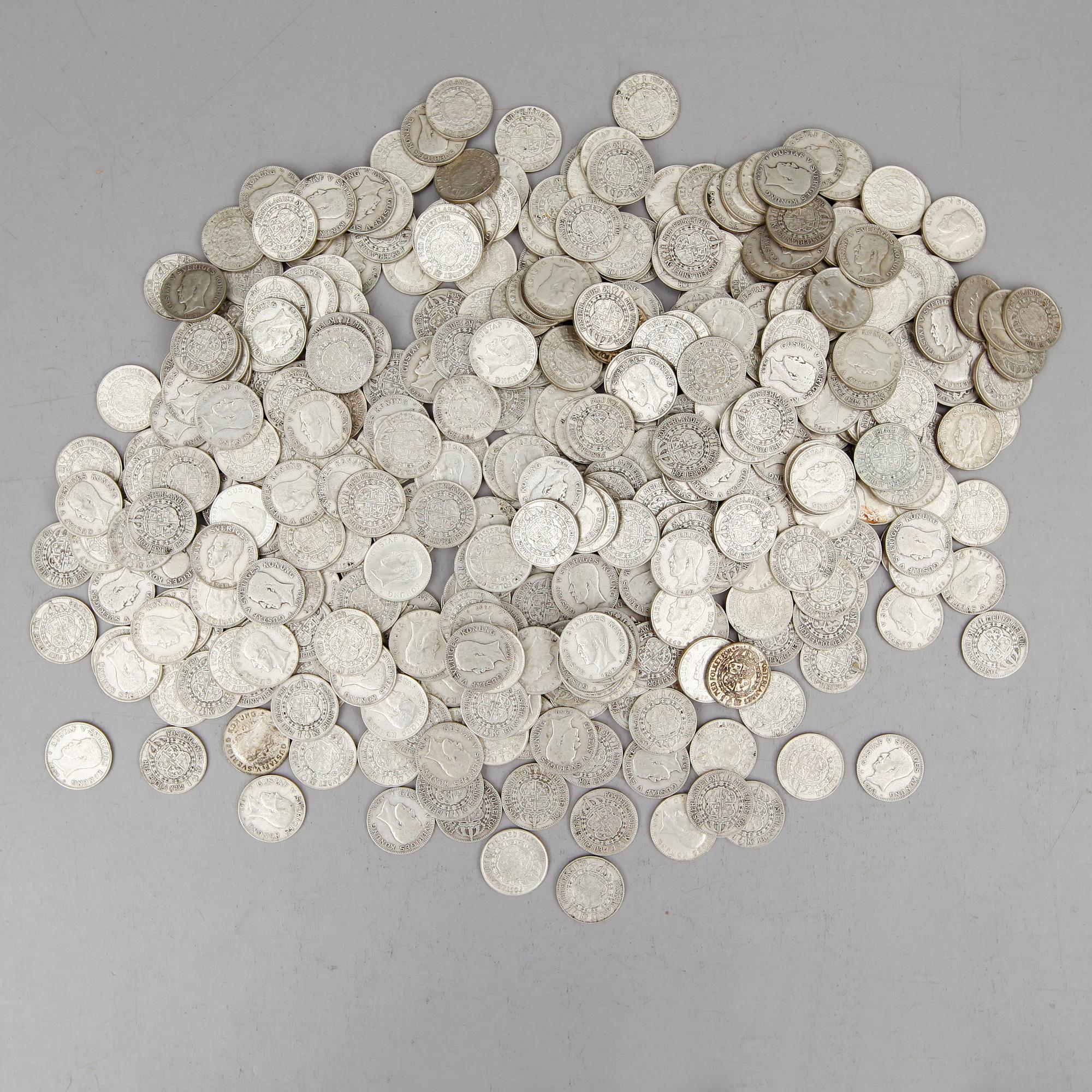 SAMLING SILVERMYNT, enkronor, Gustaf V, 1910-1941. Vikt ca 3000 gram.