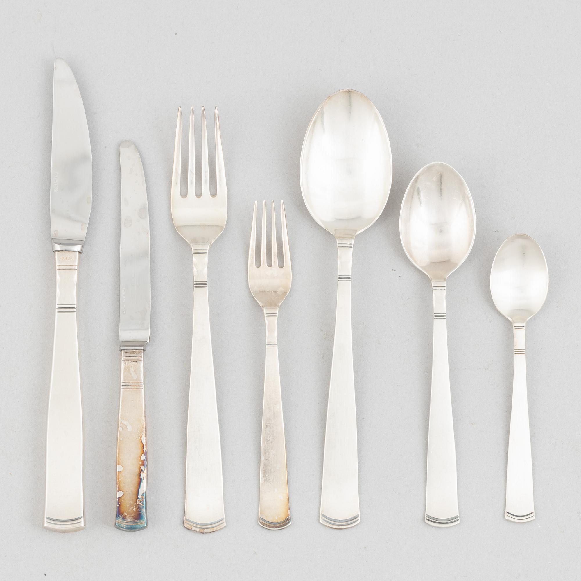 Jacob Ängman, a 108-piece silver flat ware set, "Rosenholm", Sweden, 1943-2007.