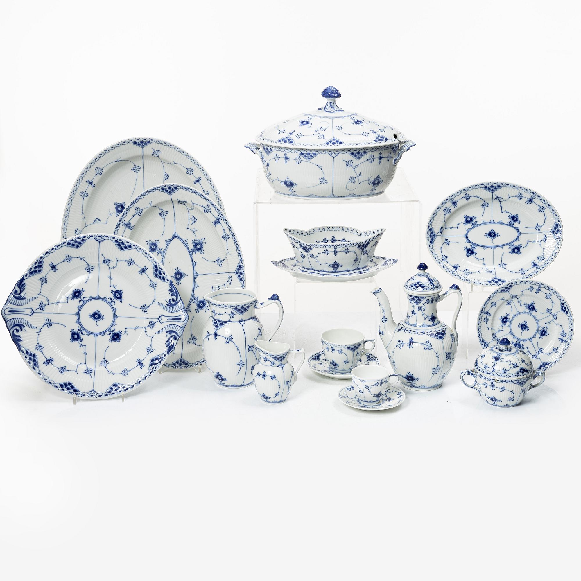 Royal Copenhagen, A 'Blue fluted' dinner and coffee service, most half lace (92 pieces).