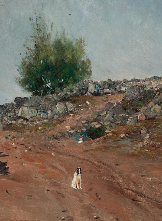 Carl Fredrik Hill, "Väg med sittande hund, Fontainebleau" (Road with sitting dog, Fontainebleau).
