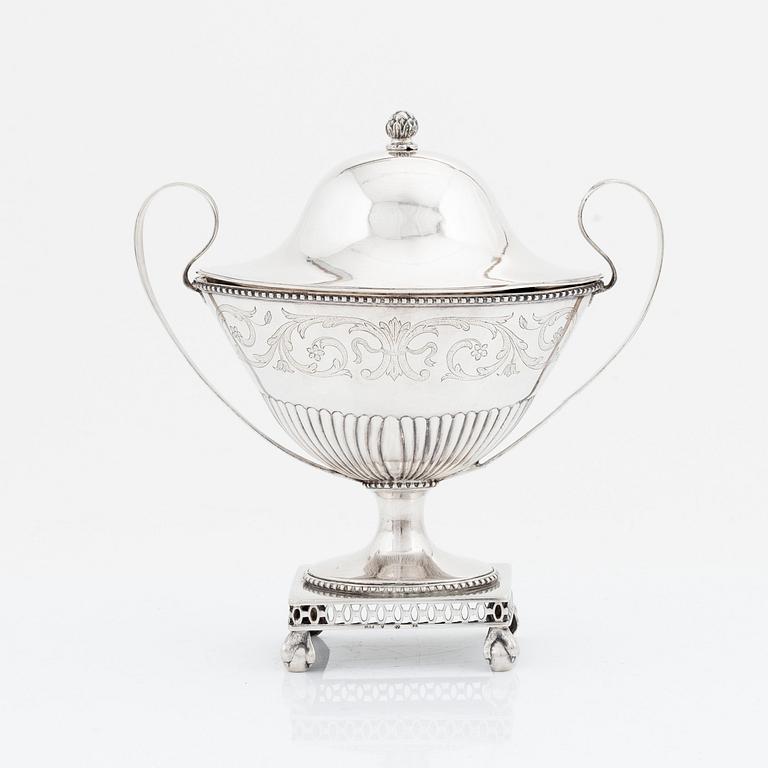 A  Swedish late 18th century silver sugar bowl and cover, mark of Johan Abraham Hallard, Stockholm 1797.