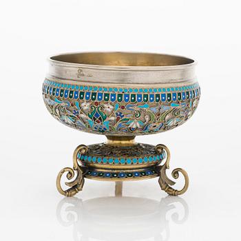 Ovchinnikov, a footed cloisonné enamel parcel-gilt bowl, Imperial warrant mark, Moscow 1896.