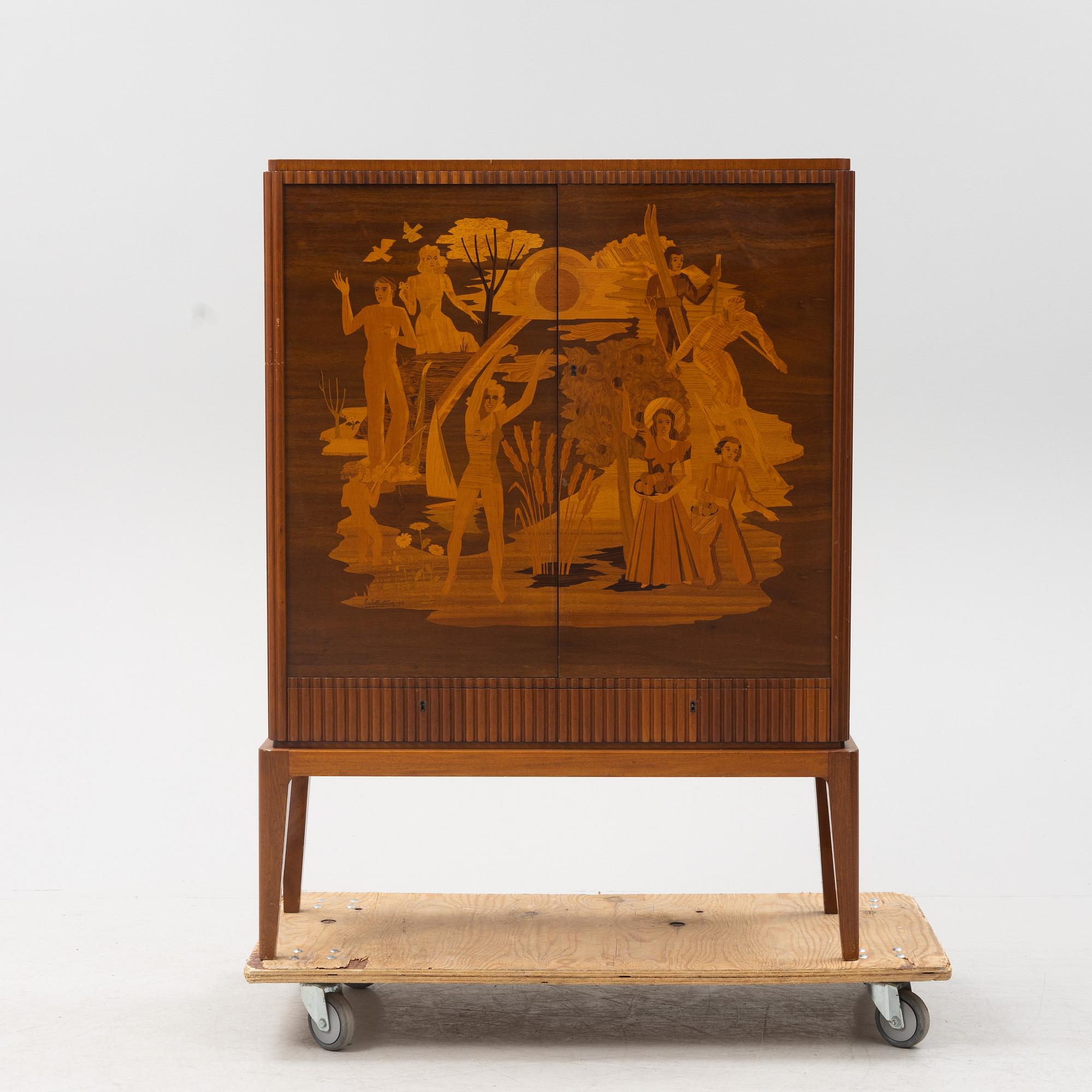 Erik Matsson, a Swedish modern marquetry cupboard, 'The season', HC Möbler AB Harry Carlsson, 1942.