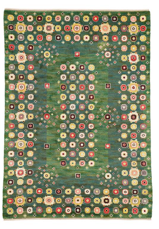 Barbro Nilsson, A CARPET, "Gröna rabatten", knotted pile, ca 329,5 x 229,5  cm, signed AB MMF BN.