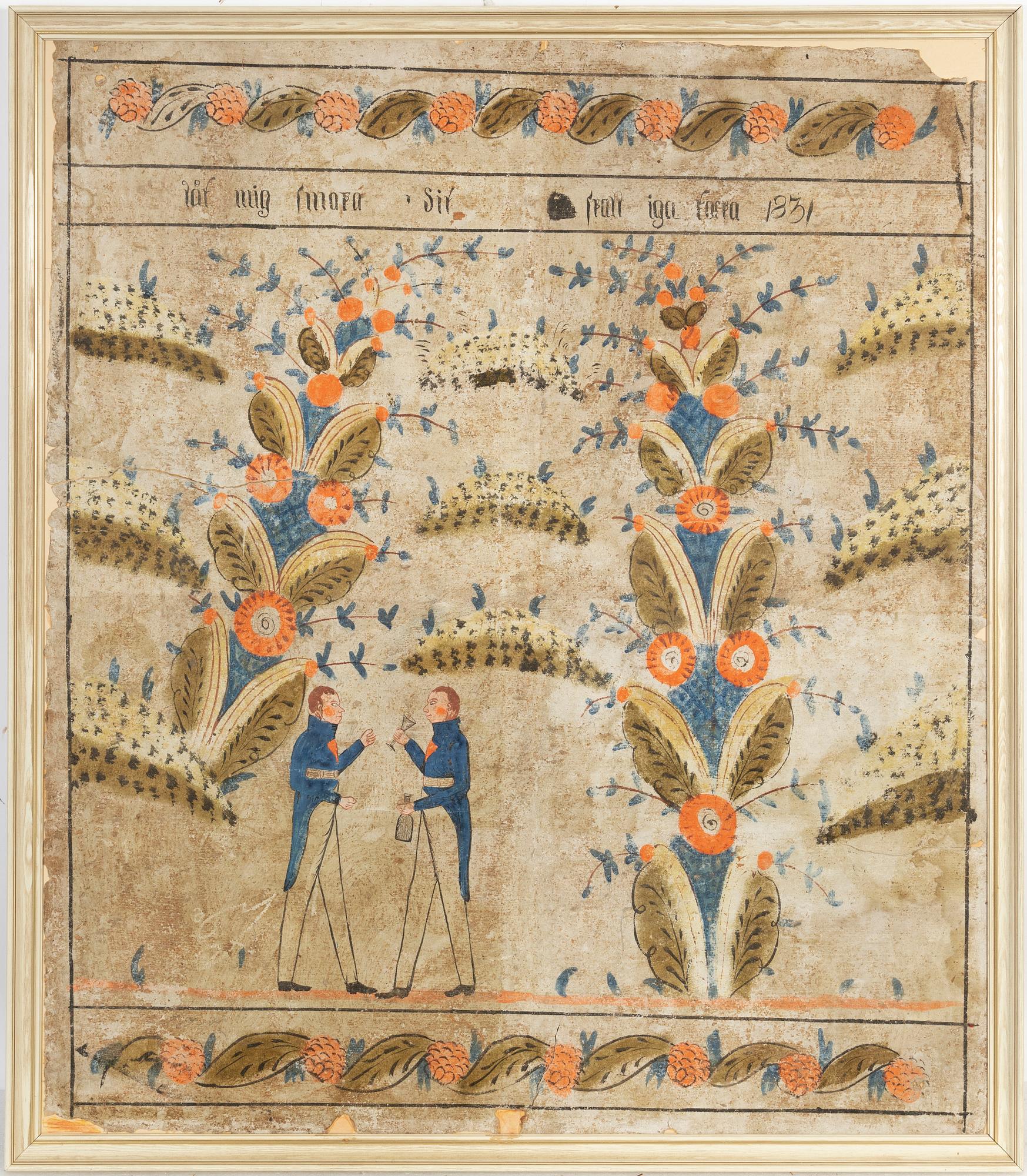 Bonadsmålning, troligen Dalarna, allmoge, daterad 1831.