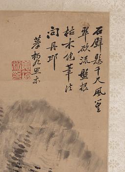 A hanging scroll of a landscape in the style of the Yuan artist Ke Jiusi, by Jiang Jun (1847-1919), signed.