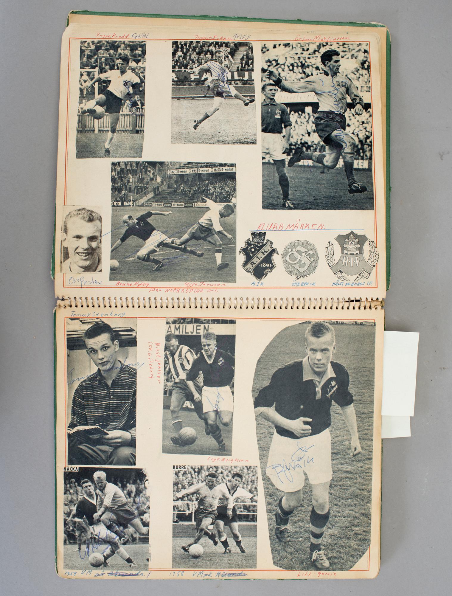 SAMLING FOTBOLLSAUTOGRAFER, bla Ryska landslaget -64, Benfica, Nacka Skoglund, Prawitz Öberg, 1960-70-tal.