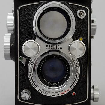 Two Twin Lens Reflex Cameras, a 1950s /60s Yashica 635 and a 1930s Rolleicord.