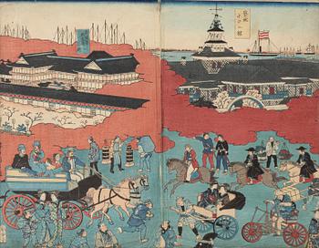 Utagawa Yoshitora, a colour woodblock print, 'Bustling Traffic in Tokyo, Tsukiji Hotel', Japan, second half of the 19th century.