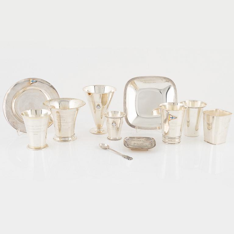 Seven Silver Beakers and Three Dishes, 20th century, including Gustaf Janson CG Hallberg, Stockholm 1958.