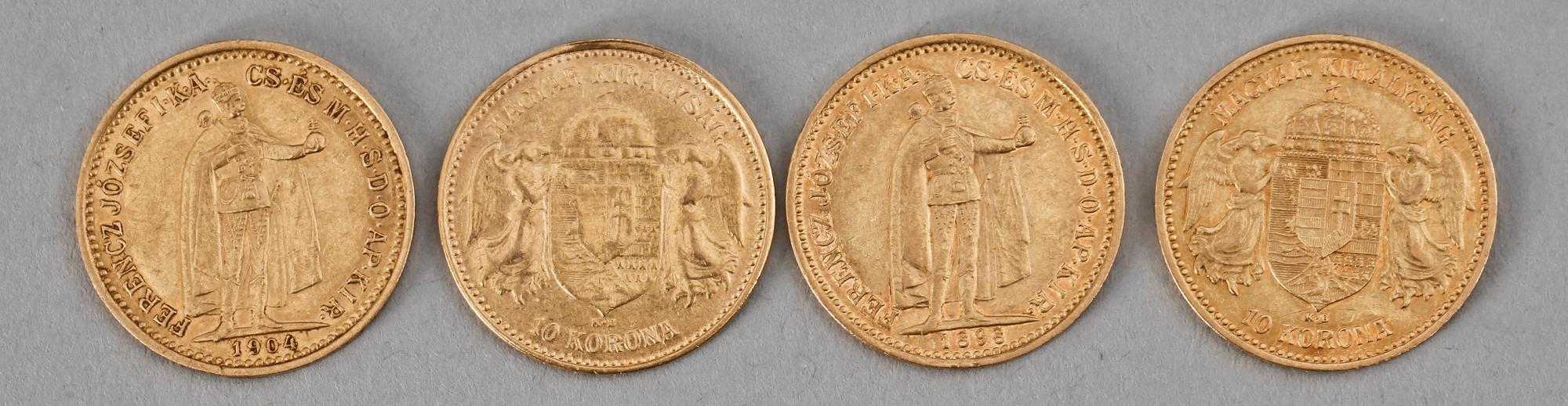 MYNT, 4 st, guld 21K, 10 Korona, Österrike-Ungern. 1898-1904. Totalvikt ca 13 gram.