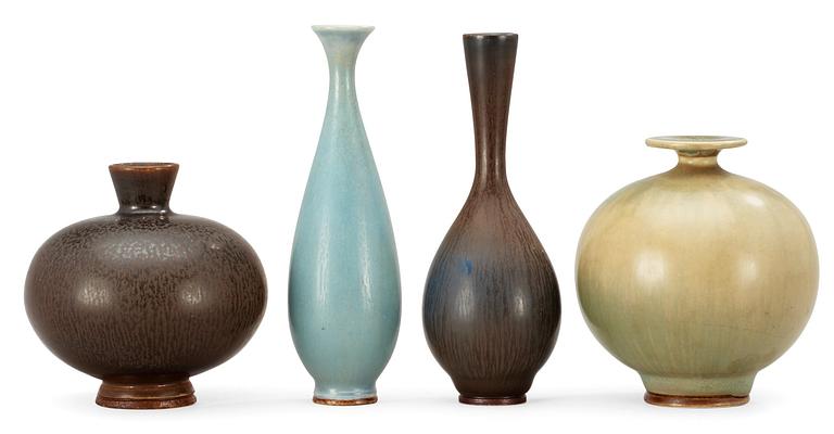 A set of four Berndt Friberg stoneware vases, Gustavsberg Studio, one dated 1974.