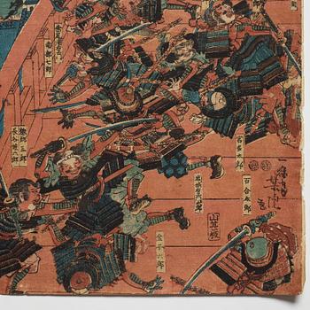 UTAGAWA YOSHITORA, two coloured woodblock prints, triptych, Japan, late 19th century.