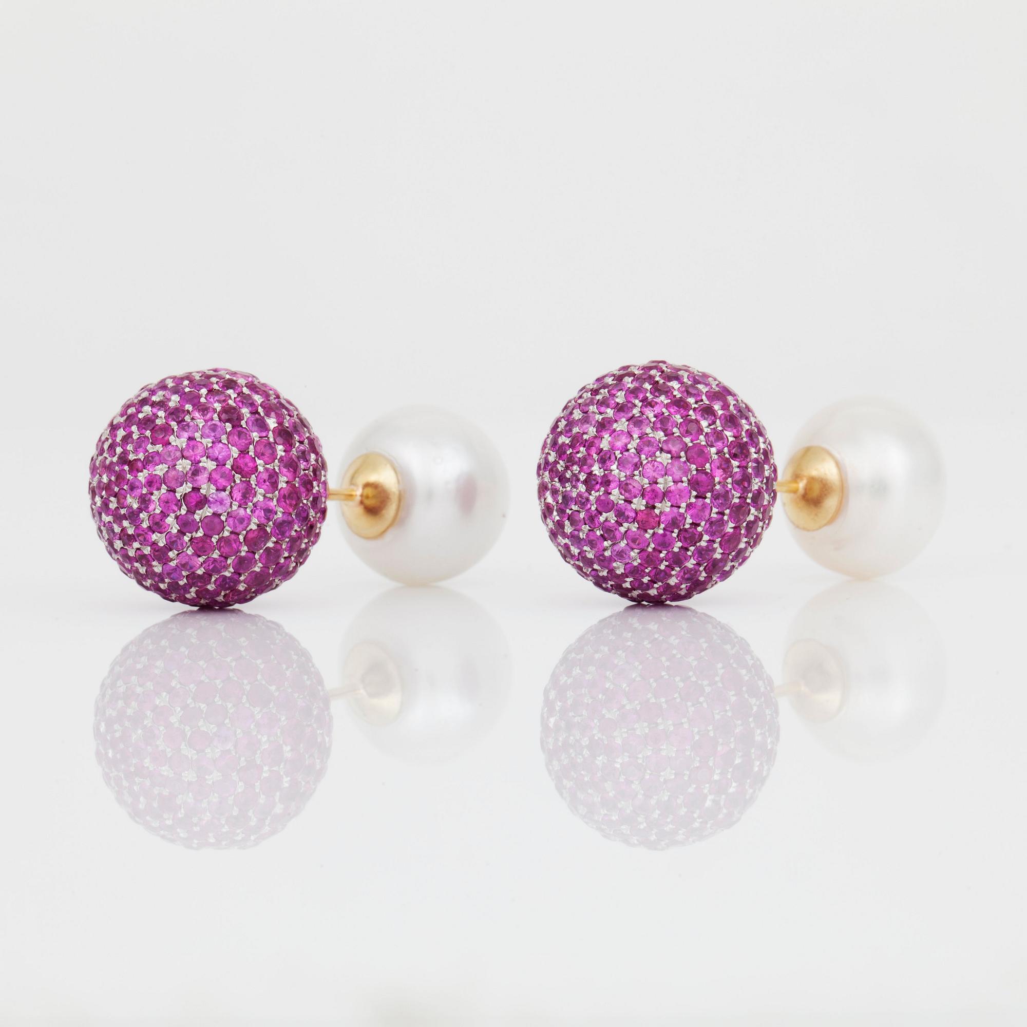 A pair of pink sapphire, diamond and cultured pearl earrings that can be worn in two different ways.