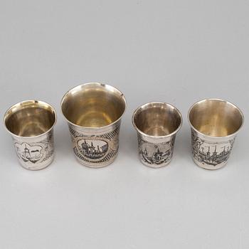 A set of four Russian 19th century silver and niello vodka cups, Moscow.