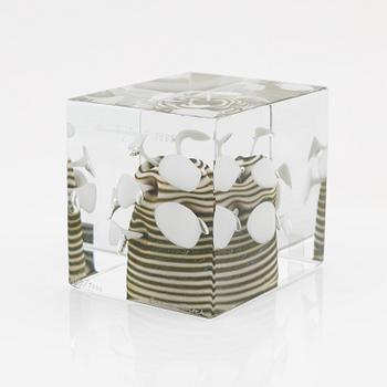 Oiva Toikka, a glass cube, signed Oiva Toikka Nuutajärvi 1981 and numbered 449/1000.