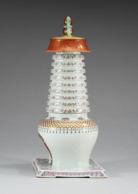 A famille rose stupa, presumably early 20th Century with Qianlong's seal mark in gold.