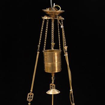 A brass paraffine pendant lamp, late 20th Century.