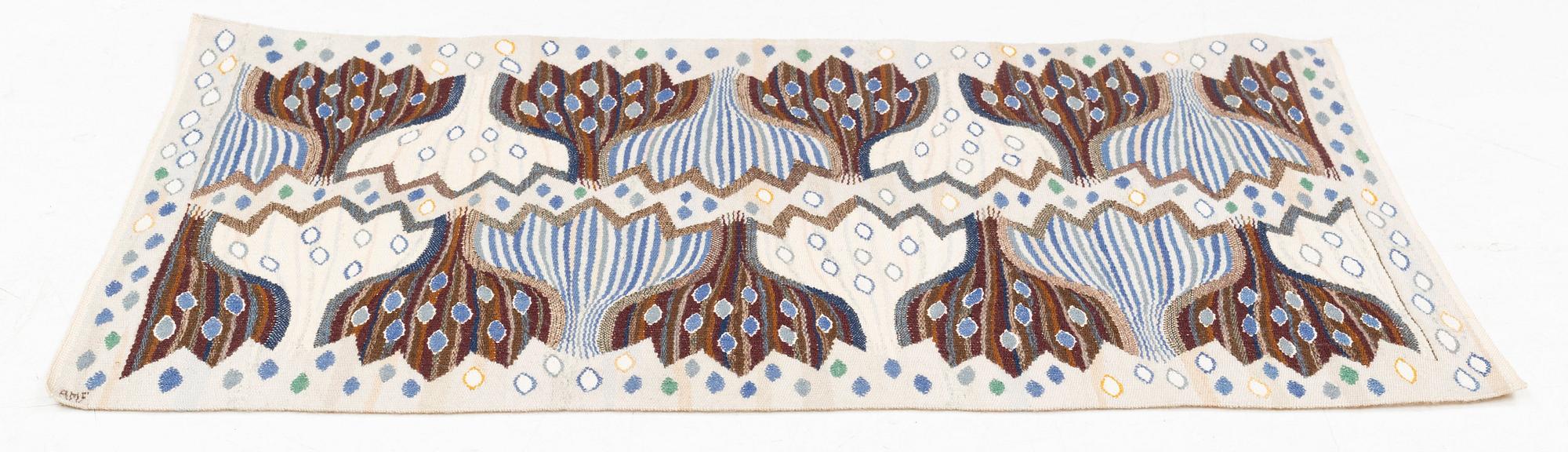 Ann-Mari Forsberg, a textile, "Blå crocus", a tapestry variant, ca 94,5 x 58 cm, signed AMF.