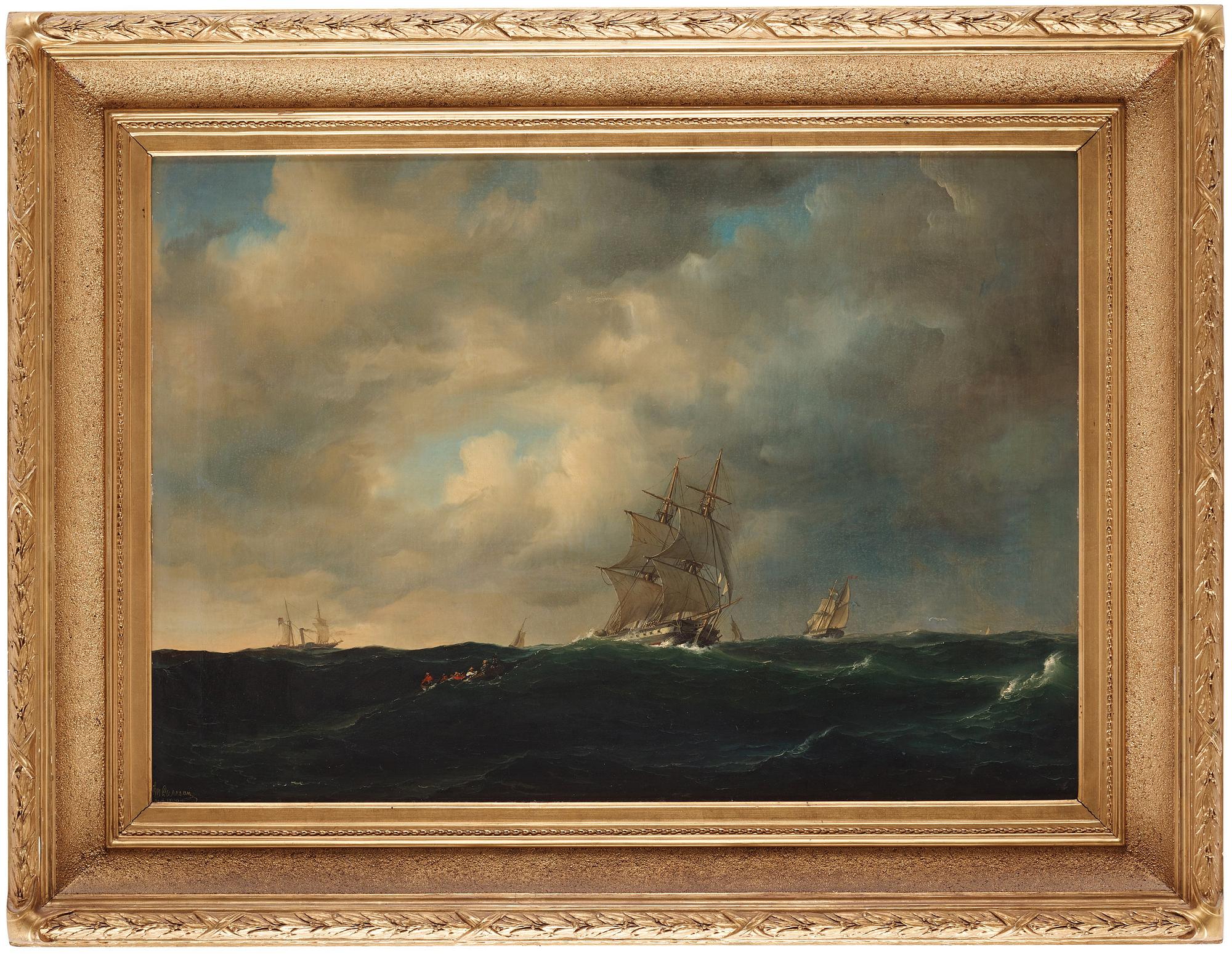 Marcus Larsson, ”Sjöstycke”. Marin med segelfartyg, ångbåt och figurer i roddbåt.