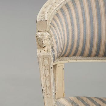 A pair of late Gustavian armchairs in the manner of Ephraim Ståhl, master in Stockholm 1794-1820.