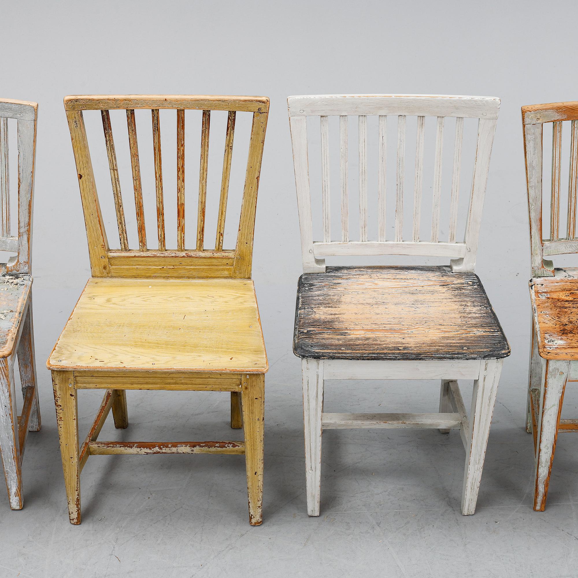 Six matched chairs, 19th Century.