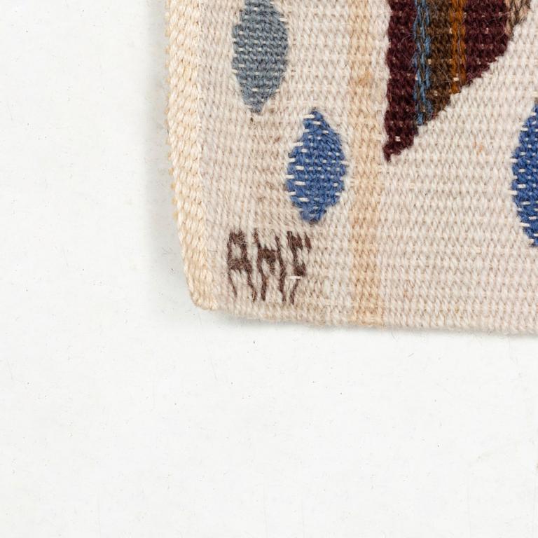 Ann-Mari Forsberg, a textile, "Blå crocus", a tapestry variant, ca 94,5 x 58 cm, signed AMF.