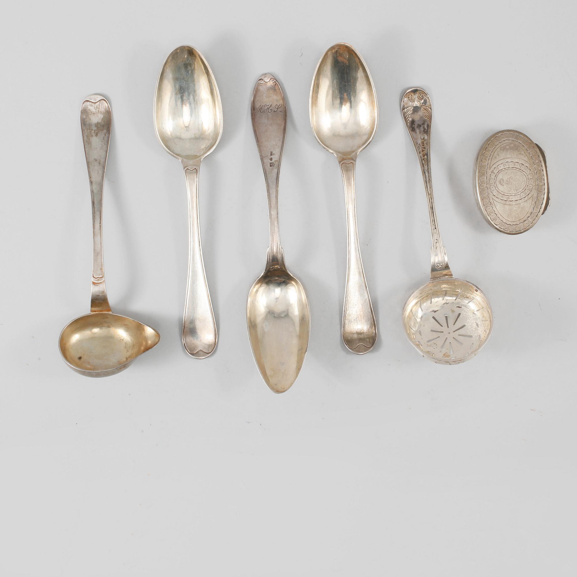 PARTI SILVER, 6 delar, Sverige, 1700/1800-tal, vikt 370 gram.