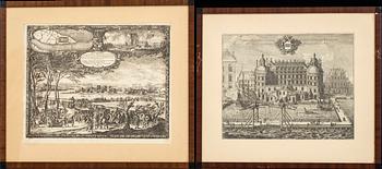 KOPPARSTICK, 5 st ur Erik Dahlbergs 'Svecia antiqua et hodierna', 4 blad 1700-tal, 1 18/1900-tal.