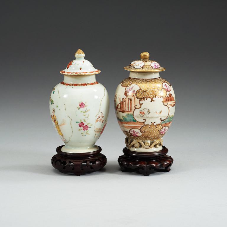 A set of two famille rose tea caddys, Qing dynasty Qianlong (1736-95).