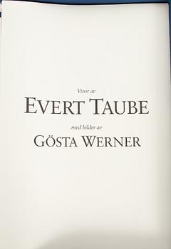 Gösta Werner, 'Visor av Evert Taube', kassetter, 2 st, med totalt 62 färglitografier, 1989, signerade.
