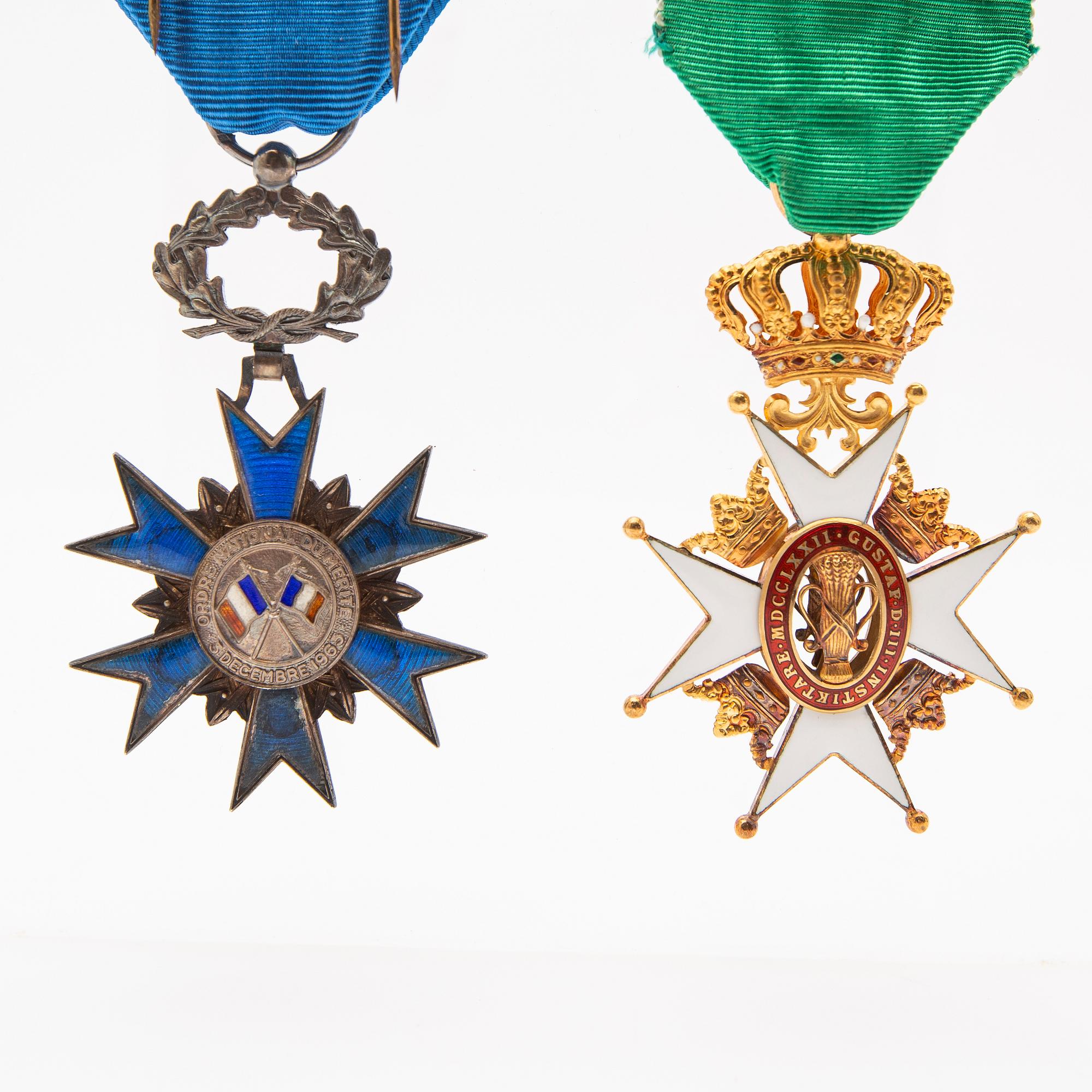 Vasa Order, Sweden, knight's badge, gold 18k. CF Carlman, Stockholm, 1946 and National Order of Merit, France, 1963.