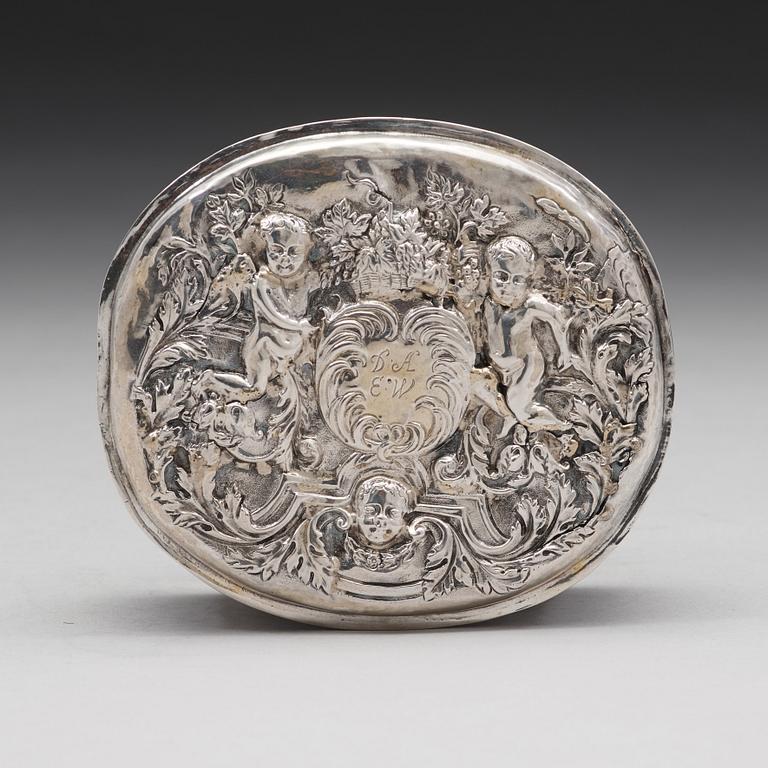 Hans Ekeström dä, ask med lock, silver, Hälsingborg 1707, barock.