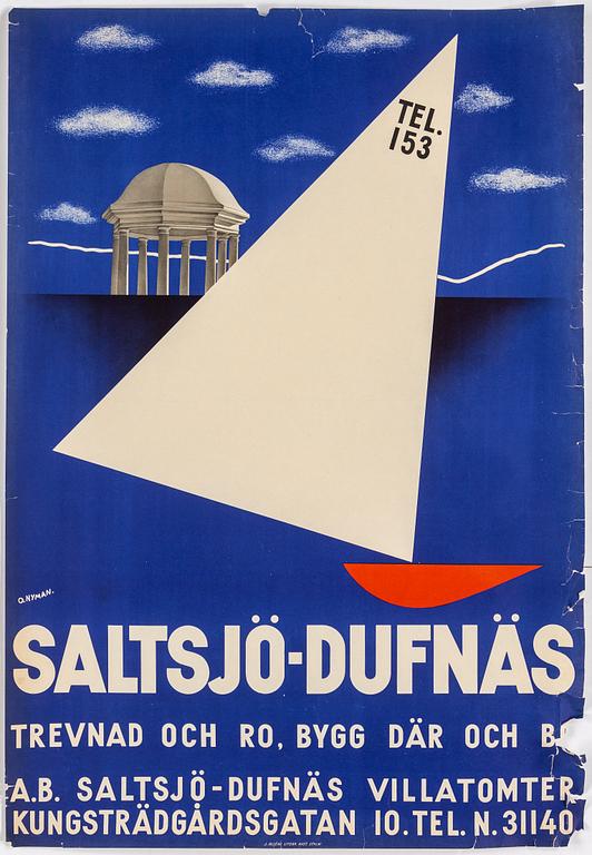 OLLE NYMAN, affisch, "Saltsjö-Dufnäs", J. Olséns Litografiska Anstalt, Stockholm, 1932.