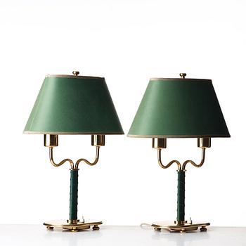 Josef Frank, a pair of brass and green leather table lamps, Svenskt Tenn, model 2388.