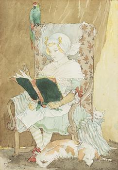 Elisabeth Sonrel, Heure du conte avec chat, chien et perroquet (fille lisant).