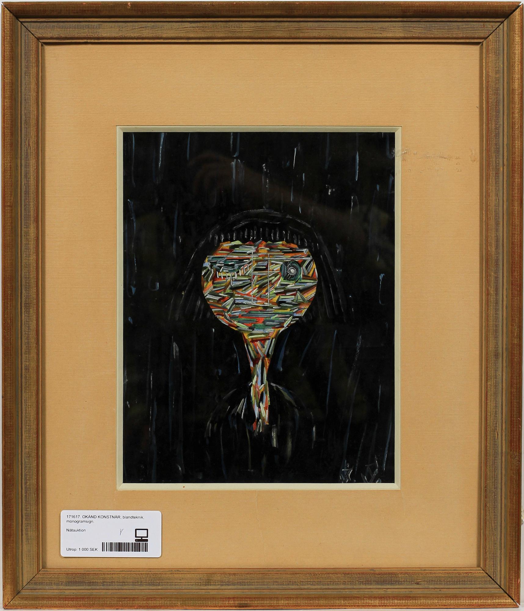 OKÄND KONSTNÄR, blandteknik, monogramsign.