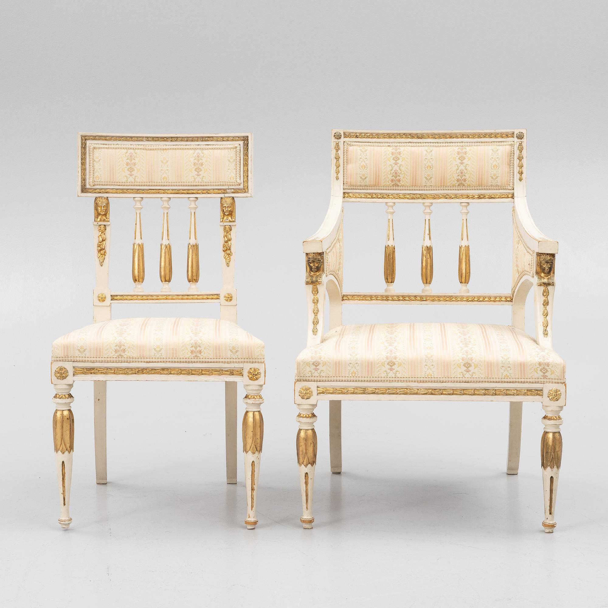 A pair of chairs and an armchair, late Gustavian style, early 20th century.